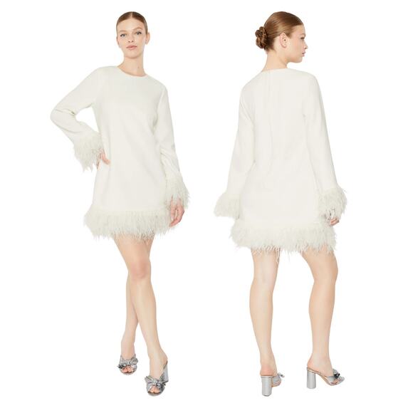 Likely Marullo Mini Sheath Dress Long Sleeve Ostrich Feather Detail Bridal 8 - Picture 1 of 9